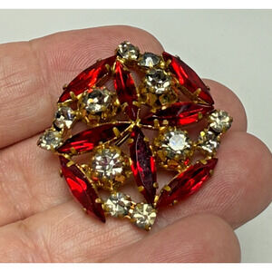 Vintage Ruby Red Navette Glass Gold Tone Flower Swirl Brooch Pin MCM Austria